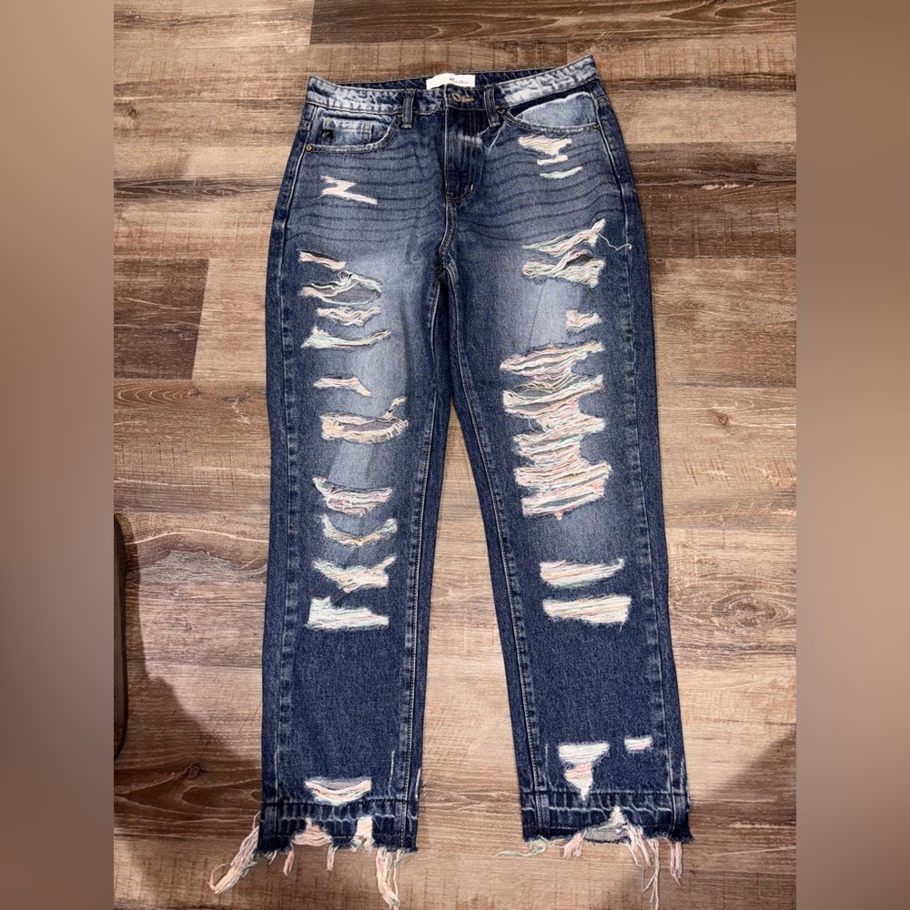 KanCan Distressed Dark Blue Skinny Jeans with Multicolor Rips